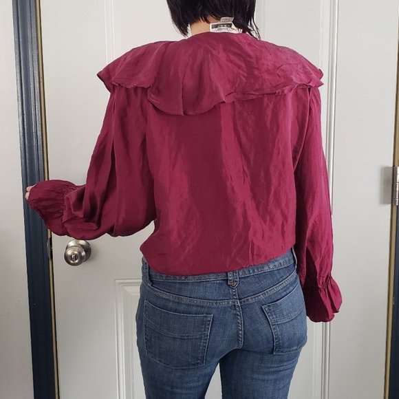 90s Silk Button Down with Frilly Collar - Picture 3 of 4